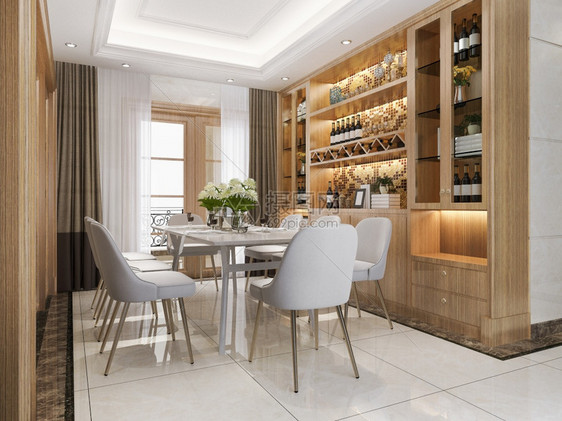 内阁最小的现代餐厅和客配有豪华装饰酒架沙发图片