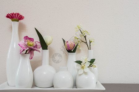 生活粉色的美丽白背景花瓶中不同的粉红色花朵现代设计白色背景花瓶中不同的粉红色花朵图片