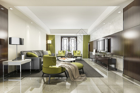 灯柔软的3d提供豪华和现代绿色客厅及沙发电视图片