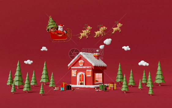 屋圣诞快乐新年松树林里的红房子和圣诞老人3d渲染庆典问候图片