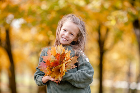 公园收集秋叶的小女孩图片