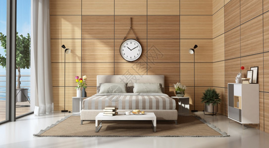 抽屉配双床的马斯特雷卧室与木板面对比3D用木板做现代主卧室优雅的白色图片