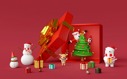 盒子横幅圣诞快乐和新年圣诞树盒装饰品的礼物箱里圣诞老人和朋友一起庆祝3D红色的图片