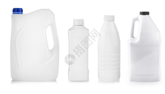 国内的一套白色背景罐头和白塑料瓶子在色背景上液体水库图片