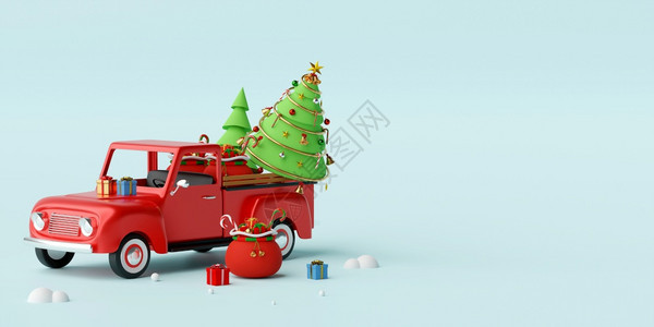 季节圣诞快乐和新年圣诞卡车满礼物树和在卡车后面3D铸造在后面圣诞老人图片