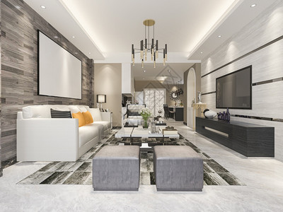 房间3d提供现代餐厅和客配有豪华装饰品自在渲染图片