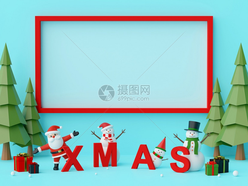 装饰派对邀请圣诞快乐和新年圣诞老人和唱诗写着XMAS字母复制空间3D图片