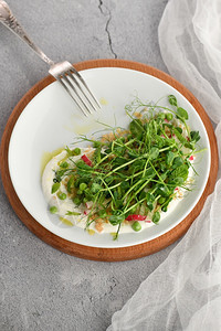Vegan健康沙拉制造了微型绿豆quinoa萝卜薄荷和酸奶自制早午餐晚图片