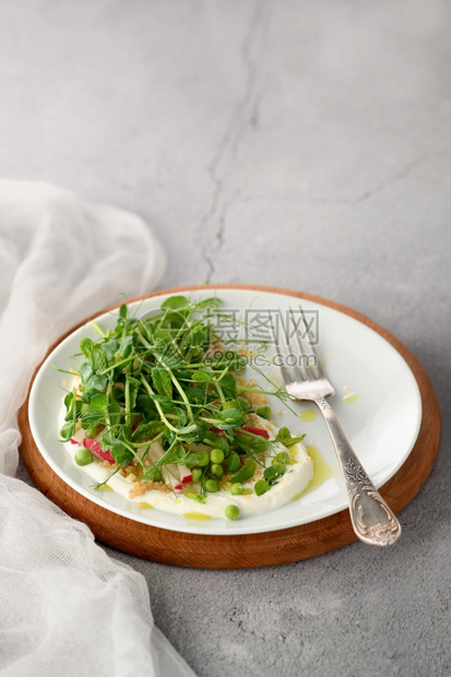 自制Vegan健康沙拉制造了微型绿豆quinoa萝卜薄荷和酸奶低的搅拌图片