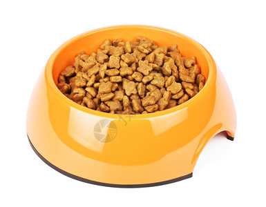 照片所有的黄色碗里干猫粮在白色背景上被隔离橙色碗里的干猫粮狗图片
