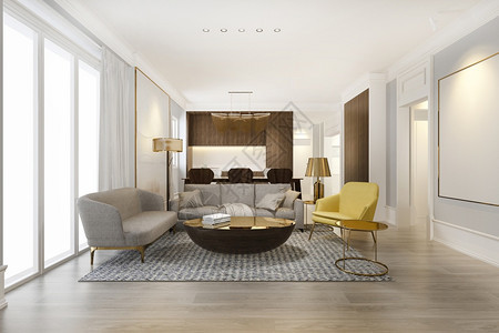 3d提供现代餐厅和客配有豪华装饰品住宅休息室木头图片