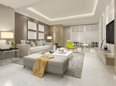 3d提供现代餐厅和客配有豪华装饰品器具内部的公寓图片