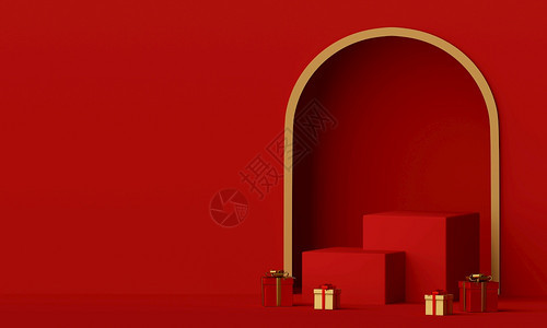 圣诞快乐和新年红色讲台的场景和带有复制空间的圣诞礼物3D节快乐的雪人背景图片