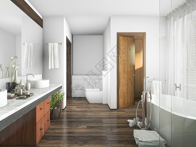 内部的屋3d在窗帘旁边的浴室做木头和瓷砖设计最小的图片