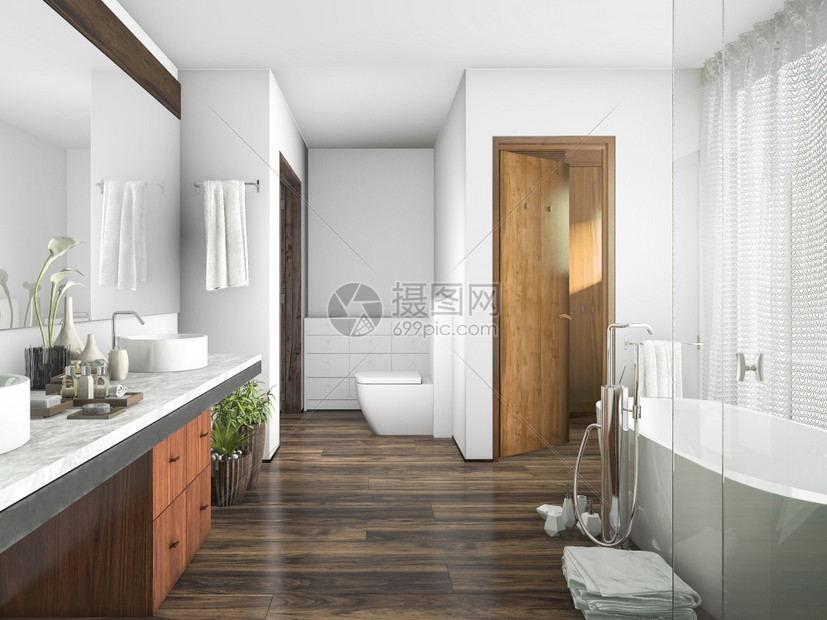 内部的屋3d在窗帘旁边的浴室做木头和瓷砖设计最小的图片
