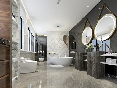木头明亮的窗户3d提供现代厕所配有豪华瓷砖装饰图片