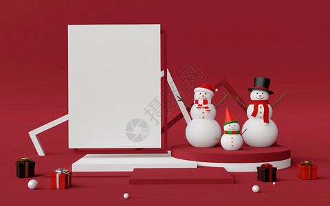 红色的特点圣诞快乐和新年波台之景与雪人复制空间3D鹿图片