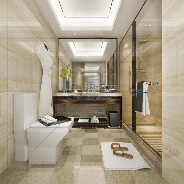 房间奢华卫生3d提供现代厕所配有豪华瓷砖装饰图片