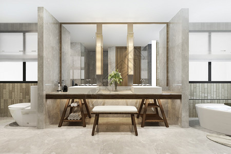 3d提供现代厕所配有豪华瓷砖装饰最小的浴缸奢华图片