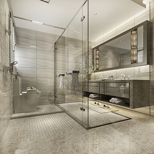 3d提供现代厕所配有豪华瓷砖装饰明亮的最小灯图片