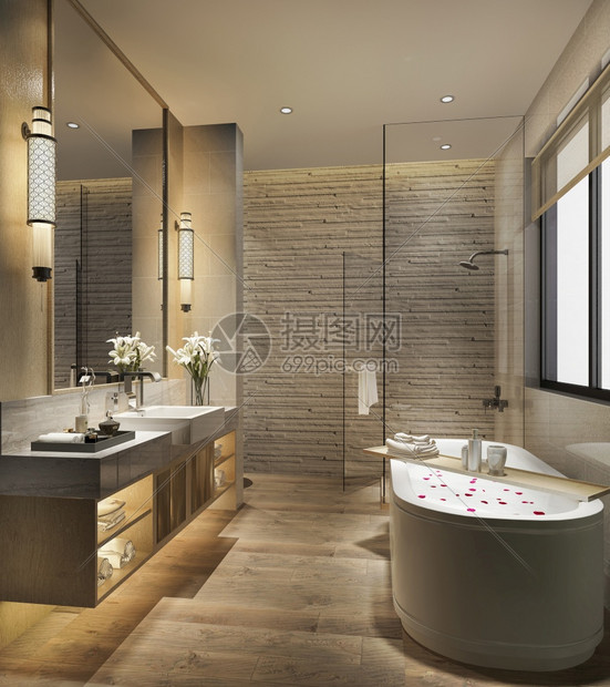 渲染装饰风格3d提供现代厕所配有豪华瓷砖装饰镜子图片