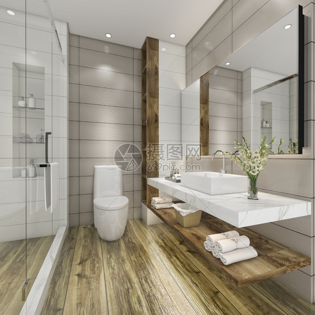 地面灯酒店3d提供现代厕所配有豪华瓷砖装饰图片