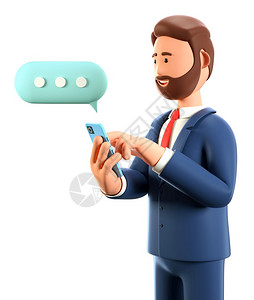 商业社会的3D插图留胡子的男在智能手机上聊天时用语言泡聊天Cute漫画笑着商人说话和打字在社交网络移动连接中的通信息图片