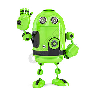 Green3D机器人挥手你好孤立于白色容器上绿3D机器人挥舞你好孤立封闭路马卡罗夫未来人类图片