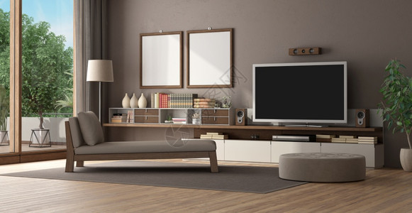 图书餐具柜地面带有家庭电影系统聊天休息室和脚凳的布朗客厅3D使布朗客厅与家庭电影系统图片
