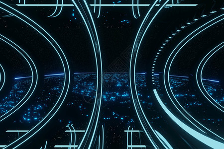 穿梭SciFi未来Fi的蓝色光灯尼恩隧道通走廊外星空间飞船背景3D科学黑暗的图片