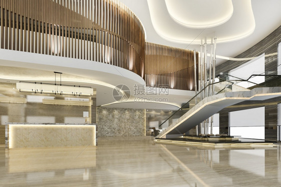 灯内部的3D提供豪华酒店前厅入口和有楼梯的休息室餐厅木头图片