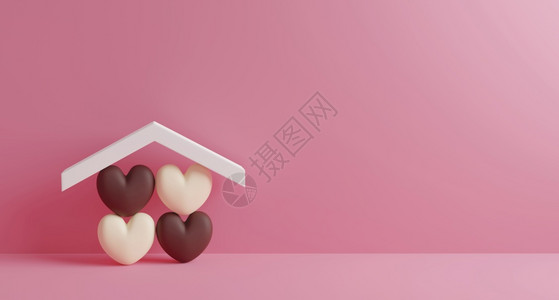 极简主义者浪漫用粉红色纸面背景和复制空间3d成的室内巧克力心甜家庭设计结婚图片