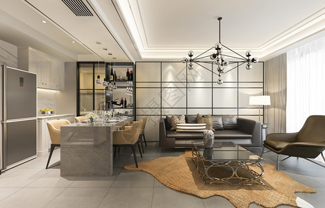 现代餐厅和有豪华装饰的客厅厨房现代室内美丽图片