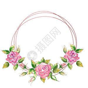 装饰几何框架有花朵粉红玫瑰绿叶开合花精美水彩插图几何框架饰有花朵粉红玫瑰开合花精致水彩插图优雅春天图片