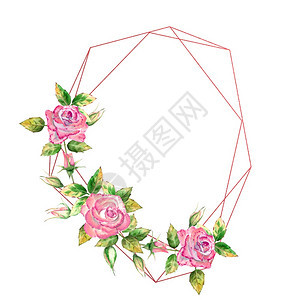 花店华丽的几何框架饰有花朵粉红玫瑰绿叶开合花精美水彩插图几何框架饰有花朵粉红玫瑰开合花精致水彩插图白色的图片