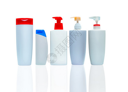 卫生香皂理发机洗和体液塑料瓶喷洒器泵在白色背景上隔绝的皮肤科化妆品瓶香皂和淋浴胶包装清洁器标签图片