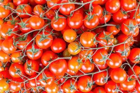 食物许多红醋番茄带花茎或树尾市场店铺图片