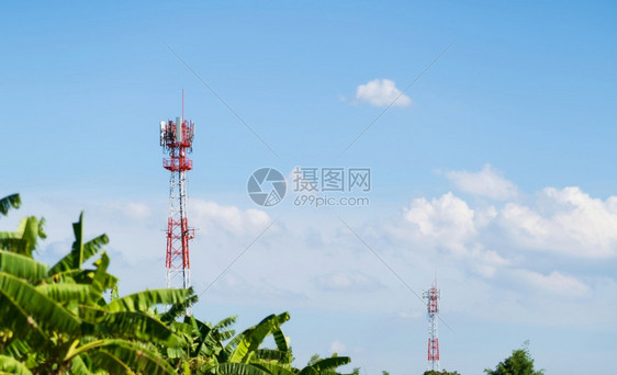 无线的频率天以蓝为背景在森林上方的移动网络式手机通信塔图片