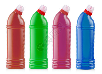 带有彩色塑料瓶家庭清洁用品在白色背景上隔绝的有色塑料瓶凝胶家政洗涤剂图片