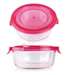 菜肴餐具白色背景上隔离的红色塑料盖子玻璃食品容器图片