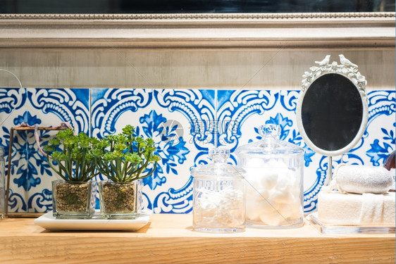 玻璃墙环境装有植物和用具的古老风格浴室架子图片