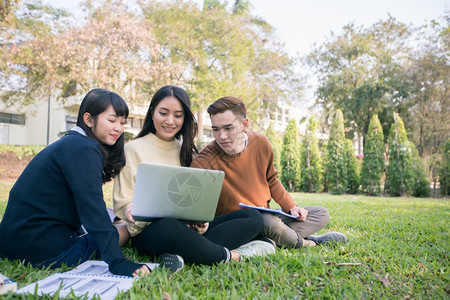 大学生们一起坐在草地上看着笔记本电脑图片