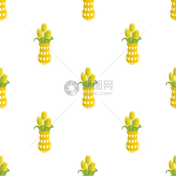 为了植物群黄色的无缝模式在白色背景上孤立的花瓶中以现实黄色郁金圆形为实际黄郁金香设计网络包装纸织物壁用矢量插图图片