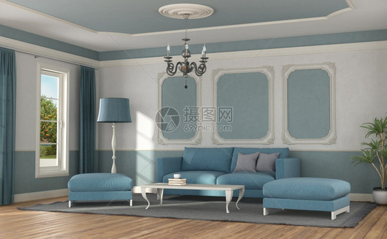 桌子现代蓝色沙发和脚凳在一个经典风格的房间里3D在经典风格的房间里做现代沙发窗帘花瓶图片