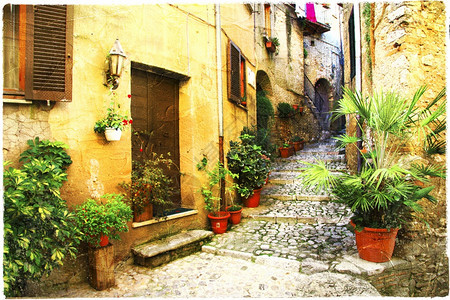 有质感的旅行意大利中世纪古老迷人的村庄有典型花草狭小街道Casperia户外图片