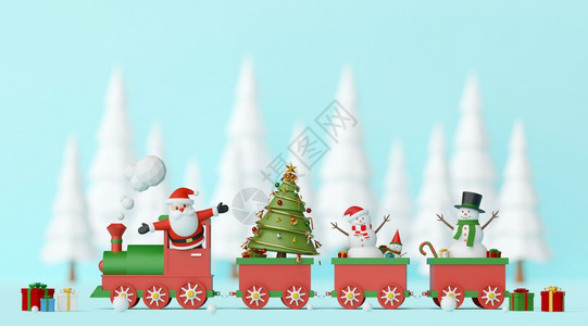 圣诞快乐和新年圣诞老人和雪在圣诞火车上带着礼物和松树林蓝底3D雪球场景快活图片