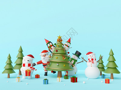 礼物圣诞快乐和新年圣诞派对老人和有树的朋友在蓝色背景上3D造相驯鹿蓝色的图片
