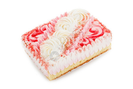 粉红饼干蛋糕上面装饰着白底孤立的奶油花蒸发海绵刨冰图片
