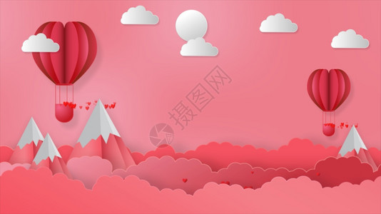 华伦人白昼抽象背景飞红心和有山丘的气球情人节概念假日背景3D传承飞行快乐的美丽图片