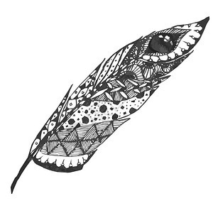 手绘涂鸦zentangle羽毛从背景中分离黑色和白插图与不同的装饰品手绘涂鸦黑色和白插图爱鸟图片